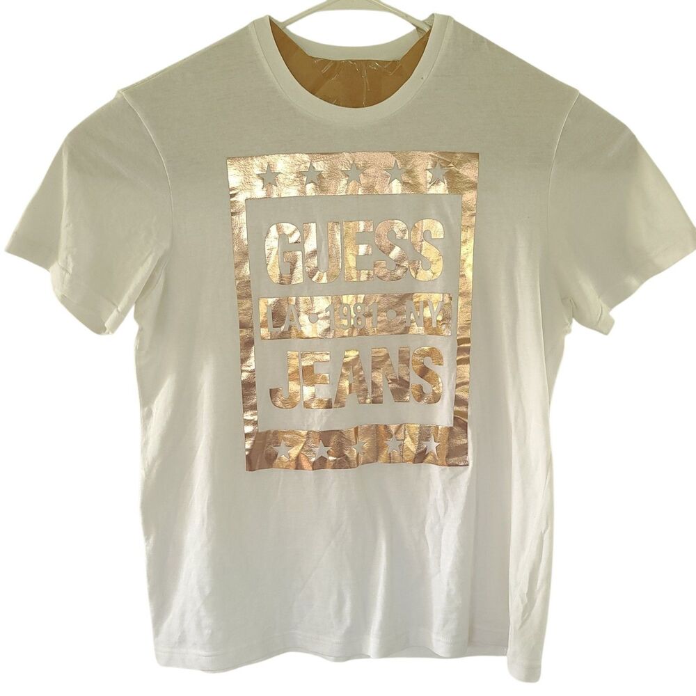 GUESS Unisex White Tee Shirt Gold Guess Jeans LA 1981 NY Size XXL EXCELLENT COND